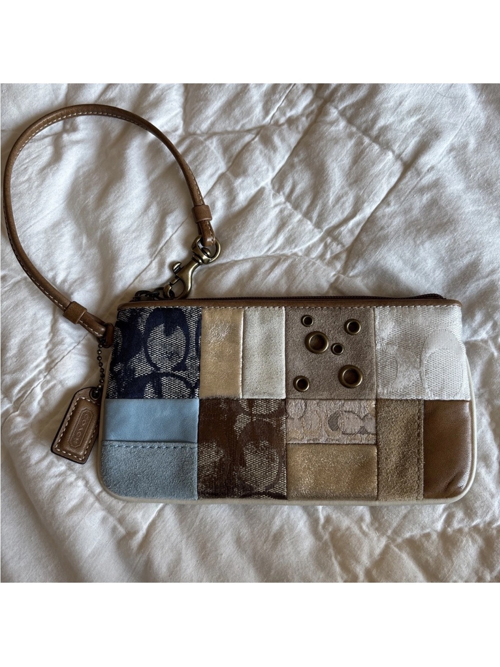 Authentic Coach Neutral Multi Patchwork Wristlet- Suede Blue Accent & Grommets